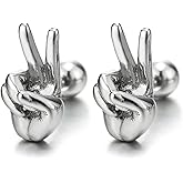 Mens Womens Stainless Steel Yeah Victory Peace Sign V Hand Gesture Stud Earrings, Screw Back, 2PCS