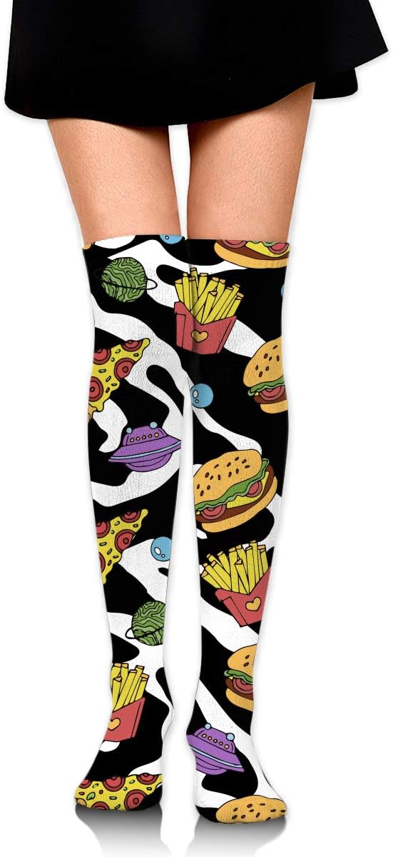 QG ZZX Pizza and Hamburger with UFO Women's Knee High Socks Cute Compression Stockings for Running Sports Soccer Socks Stocking for Women