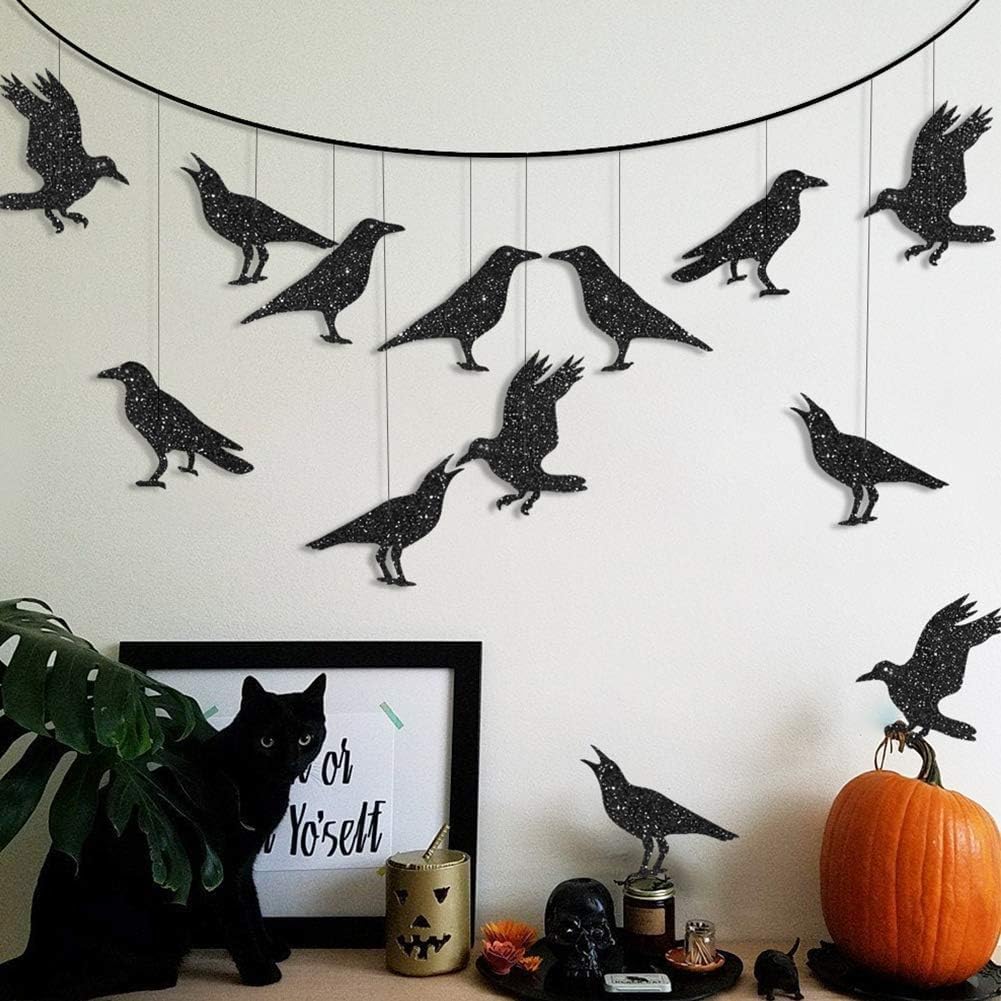 Glitter Black Crow Garland Kit for Halloween Party Decoration Flying Hanging Crow Banner for Halloween Tree Decor Themed Birthday Party Wall Sticker Decoration
