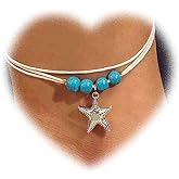 Crymystal Bohemian Layered Turquoise Anklet for Women Retro Starfish Pendant Ankle Bracelets Woven Rope Anklets Chain Bracelet Summer Beach Foot Ankle Chain Jewelry for Girls Gifts