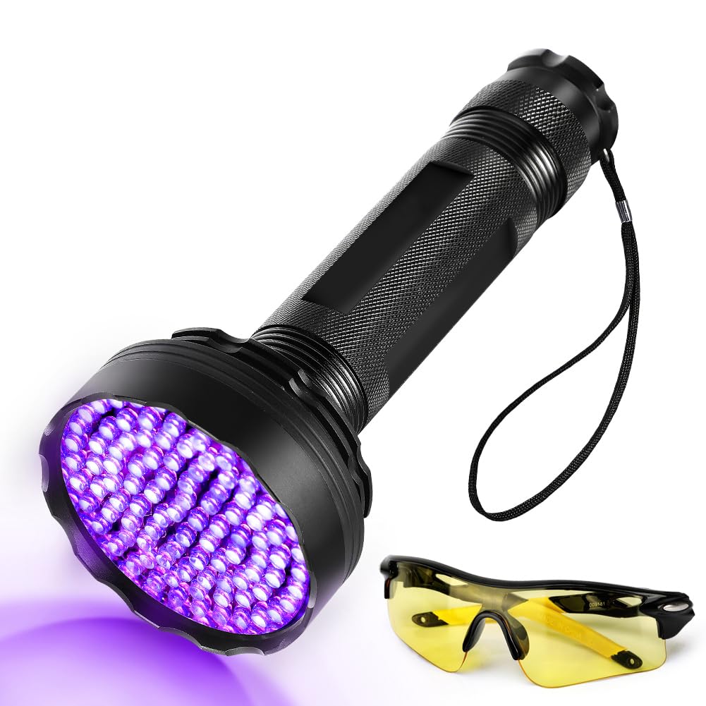 UV Torch 100 LEDs UV Black Light Torch with UV Protective Glasses, 395 nm UV Light Scorpion Light Torch Lamp for Fake Banknotes, Urine of Dogs, Carpets, Rodents