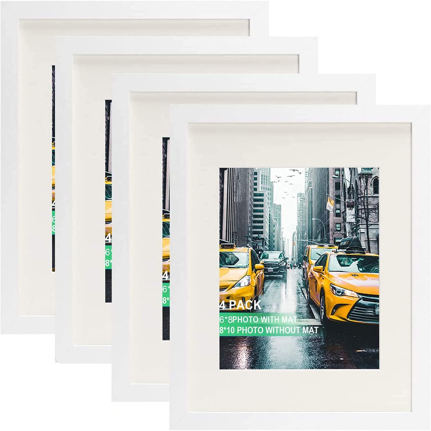 Picture Frames 8x10 Picture Frames Set of 4, Display Pictures 6x8 with Mat or 8x10 Without Mat, Solid Wood Photo Frames for Wall or Tabletop Display, White -