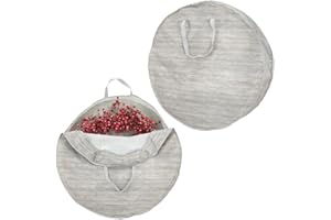 mDesign Round 30" Wreath Storage Container with Handles - Fabric Christmas Wreath Storage Bag and Protector - Garland Storage Bag Container - Holiday Decoration Organizer - 2 Pack, Striped Taupe/Tan