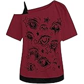 SOLY HUX Women's Gothic Grunge Cold Shoulder Short Sleeve T Shirts 2 in 1 Asymmetrical Tee Tops