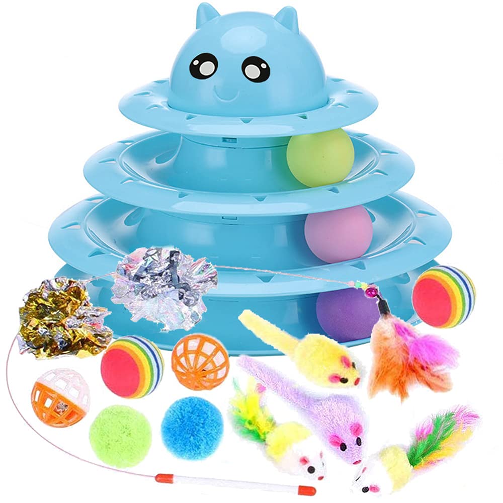 Speedy Panther 14 Pack Interactive Cat Toys for Indoor Cats - Kitten Toy Fun Roller Exerciser, 3 Level Teaser Ball, and Feather Wand