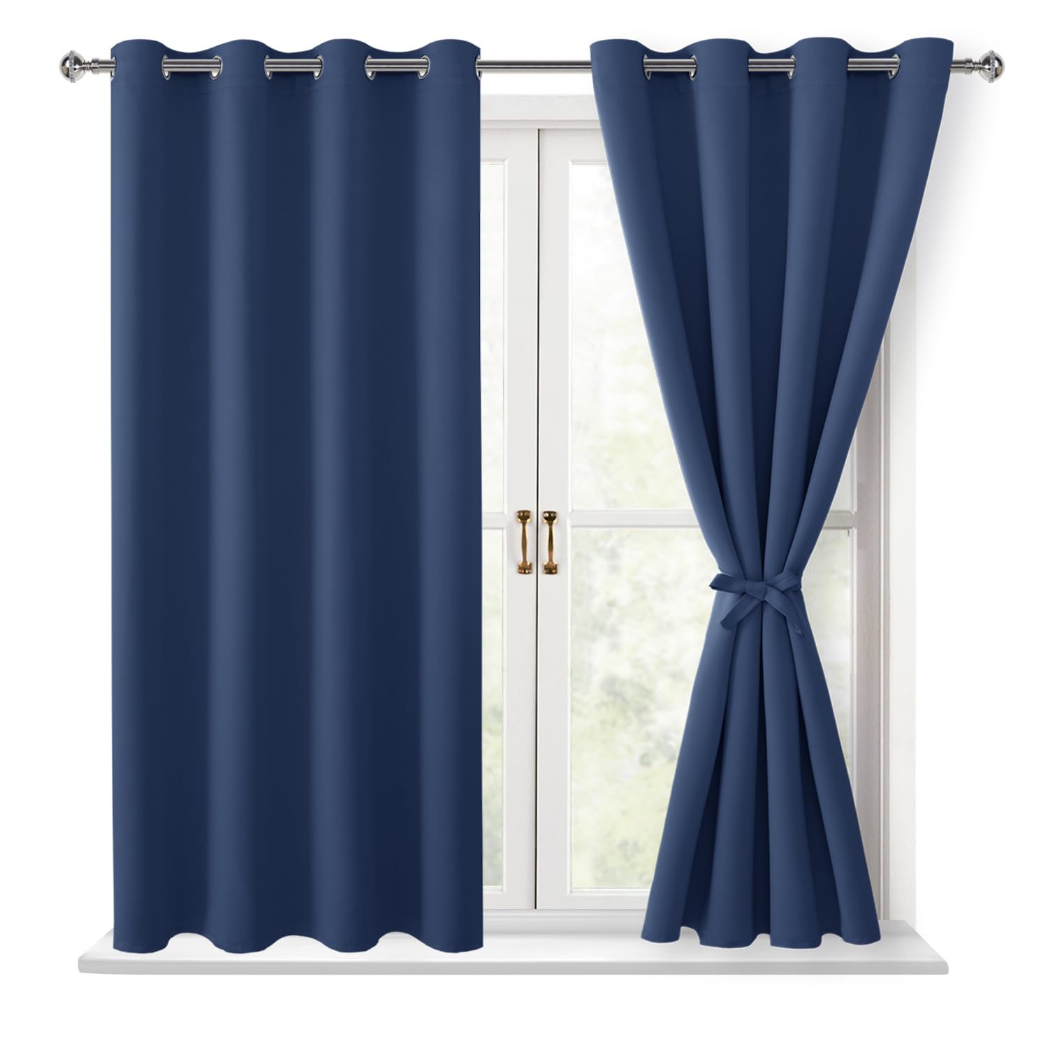Hiasan Blackout Curtains for Bedroom, 52 x 54 Inches Long - Thermal Insulated & Energy Saving Window Curtains for Living Room, 2 Drape Panels Sewn with Tiebacks, Navy