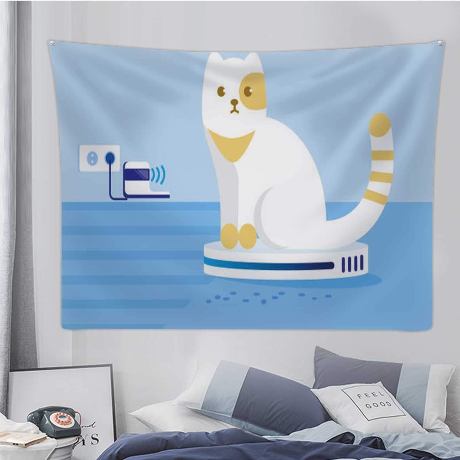 Hitecera Cat Driving Or Riding Automatic Cleaner in Room. Illustration Gulf Coast States,Tapestry Hoover Alabama Wall Hanging for Room 78.7X59.1in