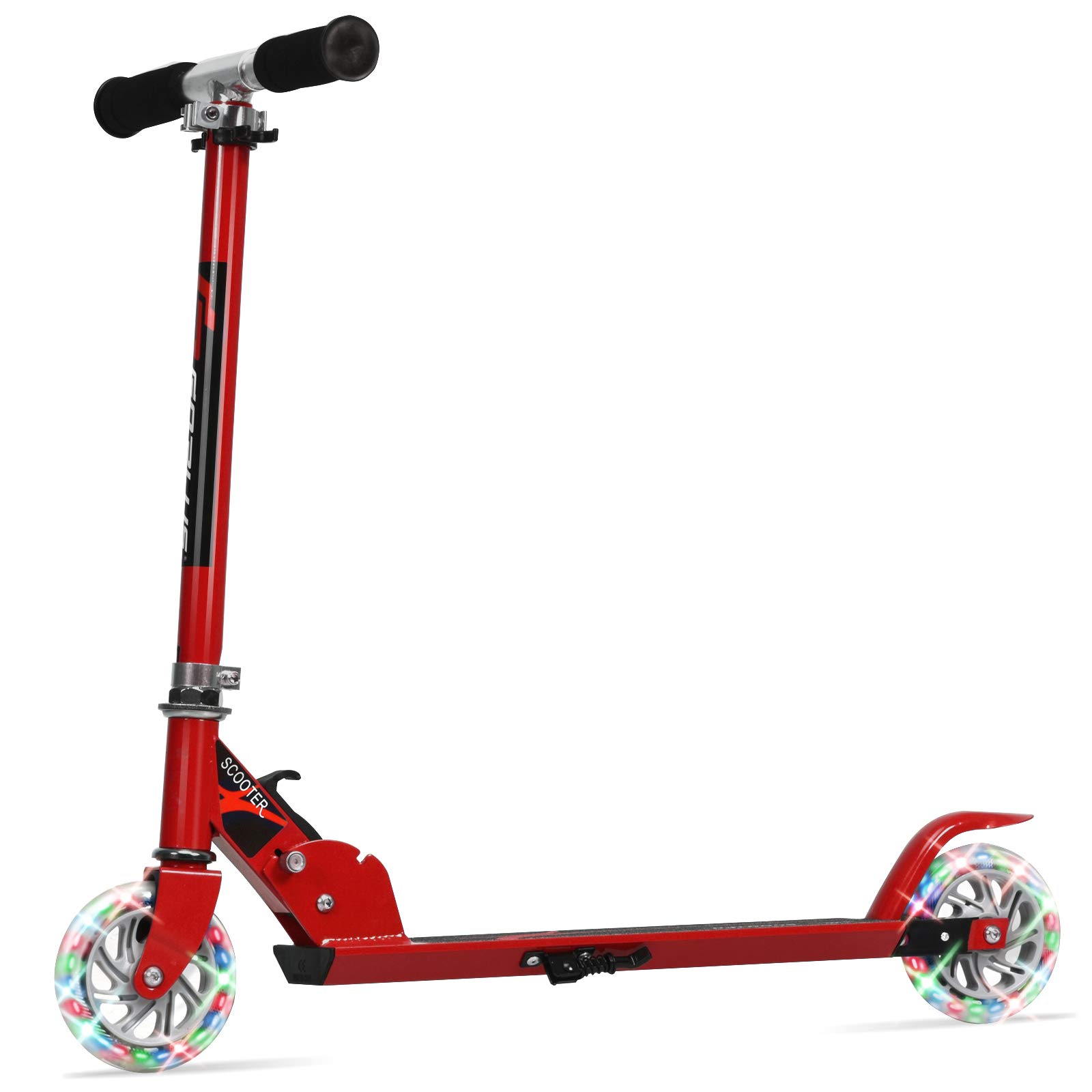 Goplus Patinete plegable, 2 ruedas flash de aluminio de lujo, freno de guardabarros trasero, altura ajustable, patinete deportivo para niñas y niños (rojo)