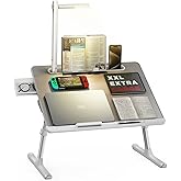 SAIJI Laptop Bed Tray Desk with LED Desk Light, Adjustable Laptop Stand for Bed, XX-Large PVC Leather Foldable Table with Book Stand, Wrist Rest, Extra Leg Room (Grey)