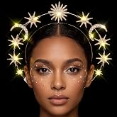 Zoestar Light Up Greek Goddess Crown Headband Gold Moon Hair Accessories | Sparkly LED Star Rhinestone Headpiece Glow Baroque Sun Headbands for Women