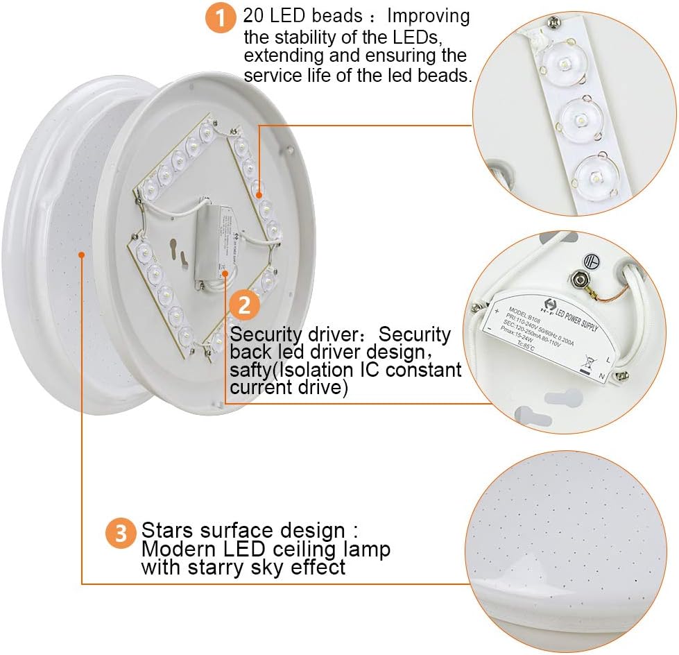 DLLT LED Flush Mount Ceiling Light-15W Modern Round Ceiling Lamp, Close to Ceiling Lights Fixture 11.4 Inch Daylight 6500K for Bedroom, Closets, Kitchen, Hallway, Stairwell, Garage, 1050LM, White - - 
