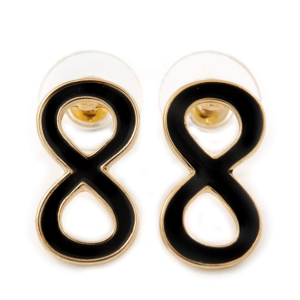 20mm L/Black Enamel Infinity Stud Earrings/Gold Tone