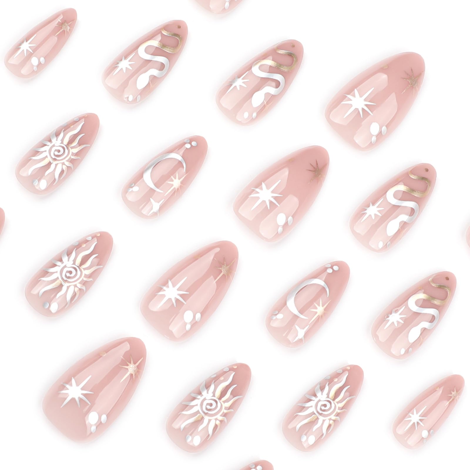 24 Pcs Almond Press on Nails Short Fake Nails with Glue Nude Almond False Nails with Snake Stars Moon Pattern Design Acrylic Nails Press ons Artificial Glue on Nails Holiday Stick on Nails for Women - Image 3