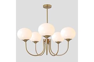 Flyrose 5-Light Modern Globe Sputnik Chandelier Mid Century Large Glass Gold Sputnik Pendant Lights Kitchen Island Vintage Milk Glass Dining Room Chandelier Brushed Brass Hanging Light Fixture