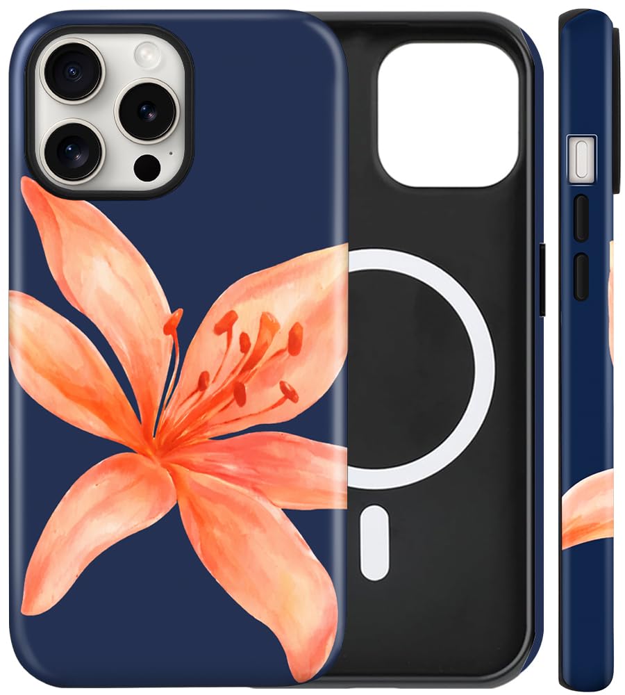 flewfun Magnetic for iPhone 11 Case Cute Tiger Lily Phone Case, Navy Blue Floral Pattern Coral Color Shockproof Slim TPU and Hard PC Protective Phone Cover Compatible with MagSafe Gift for Women