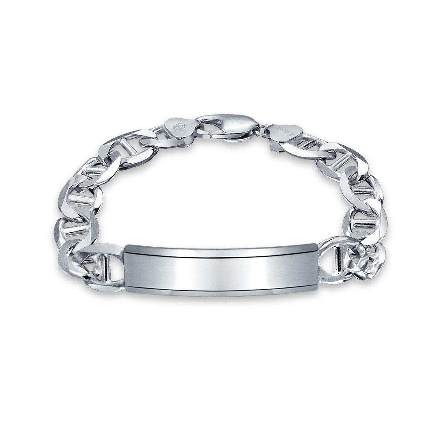 Bling Jewelry Personalize Bar Name Plated identification ID Bracelet For Men 10MM Marine Mariner Chain Link 250 Gauge .925 Sterling Silver Made In Italy 8 Inch Customizable
