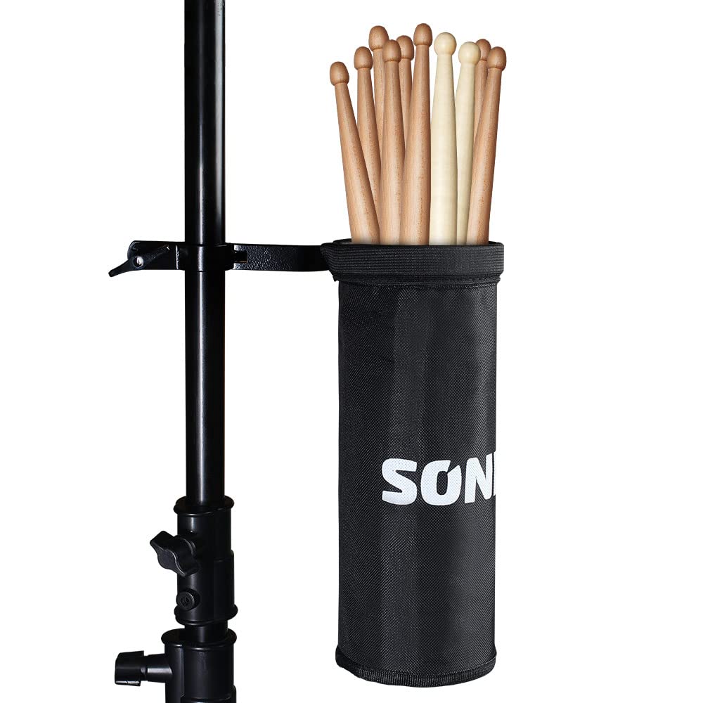 SONICAKE Drumstick Holder Adjustable Nylon Drumstick Bag Clamp-On Lockable Aluminum Alloy Drumstick Holder for Drum Kit Up to 5 Pairs of Sticks