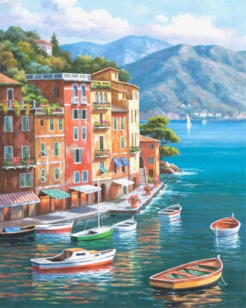 ABEUTY DIY Paint by Numbers for Adults Beautiful Town Pier & Boat Yacht Sailboat 16x20 inches Number Painting Art Therapy