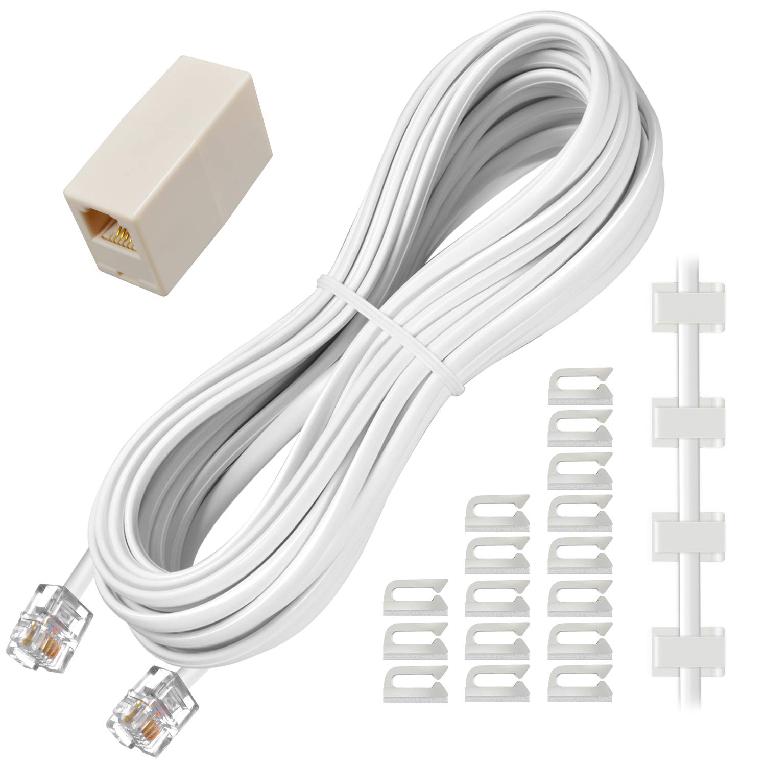 Phone extension Cord 25 Ft, Telephone Cable with Standard RJ11 Plug and 1 in-Line Couplers and 20 Cable Clip Holders, White