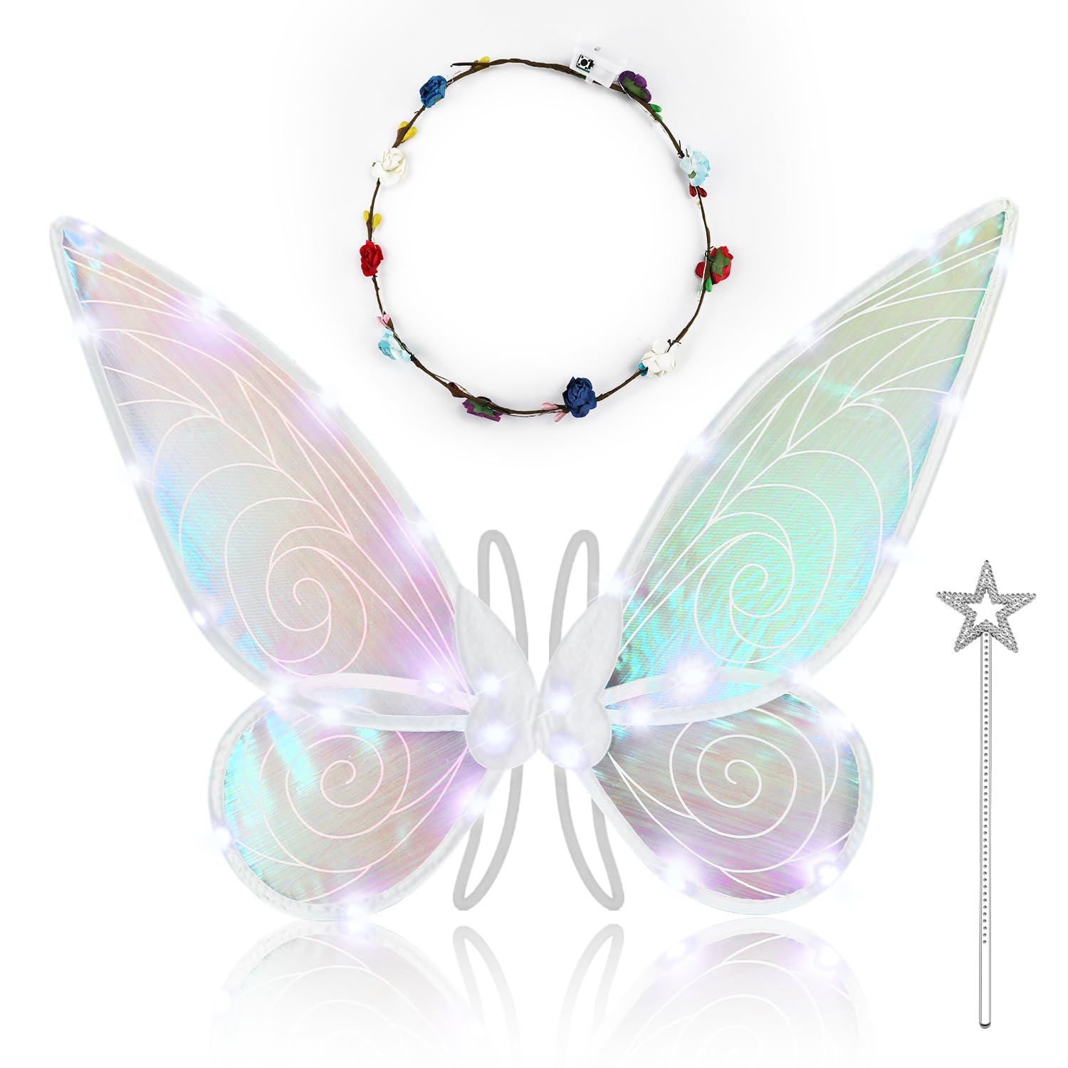 SAVITA Fairy Wings Set, White Fairy Wings and Wand Colored Light and Wreath Sparkle Fairy Wings Fairy Costume Accessories Light Up Fairy Wings for Girls Teens Women Halloween Cosplay Prom