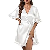 Ekouaer Silk Robes for Women Short Lightweight Bathrobe Ruffled Satin Kimono Robes Sexy Bride Bridesmaid Sleepwear
