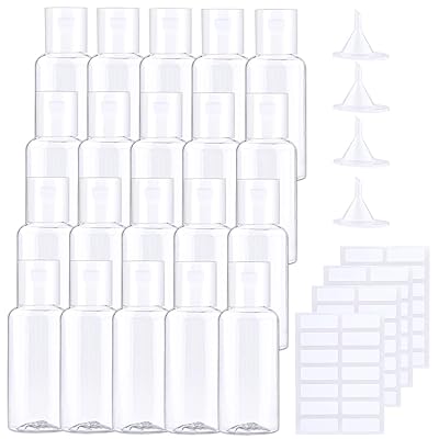 URATOT 20 Pieces 30 ml Clear Flip Cap Bottles Transparent Bottles Cosmetic Bottles Plastic Travel Bottles with Small Funnels and Labels