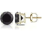14k Yellow Gold Round Black Diamond 4-Prong Basket Stud Earrings (1/2-4 ct, Black) Screw-Back