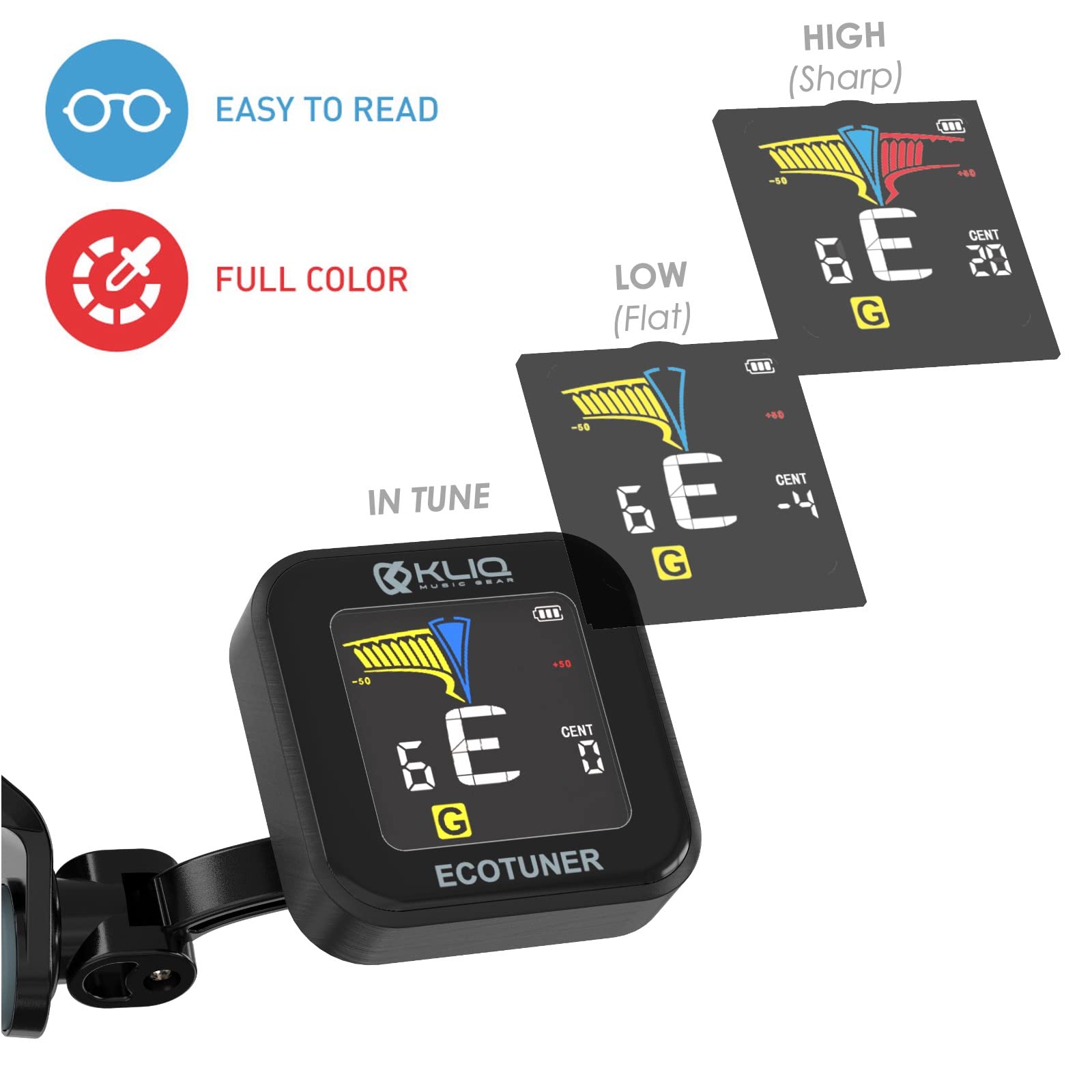 KLIQ EcoTuner - USB Rechargeable Clip-On Tuner for All Instruments (with included charging cable)