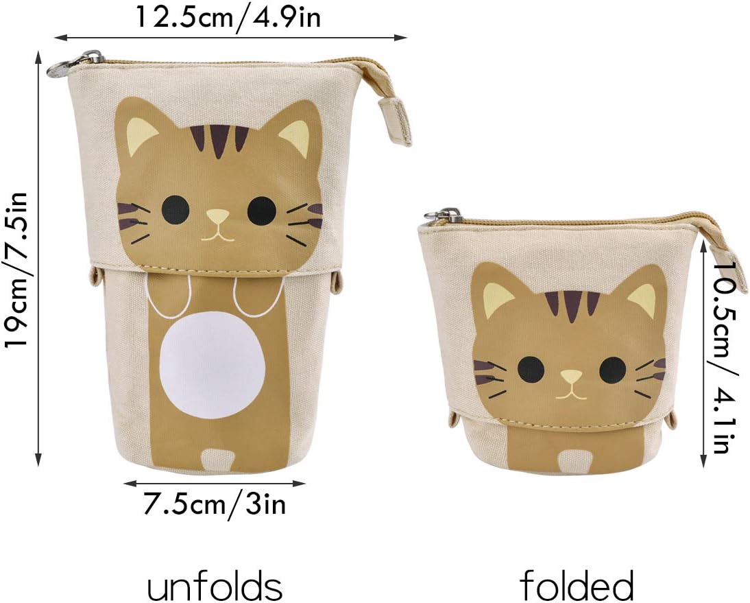 iSuperb Stand Pencil Case Transformer Canvas Pen Bag Holder Pouch Funny Cute Make Up Bag 19x12.5x7.5cm (Khaki) - Image 3