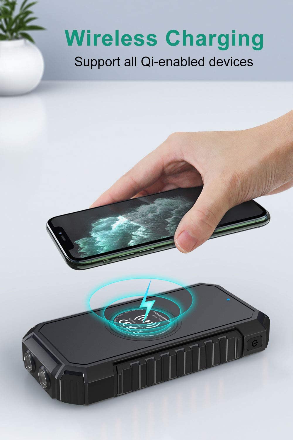 Solar Charger 26800mAh, Hiluckey Wireless Portable Charger Qi Power Bank with 4 Outputs & LED Flashlight, USB C Quick Charge Waterproof Phone Charger for Smartphones, Tablets and Outdoors