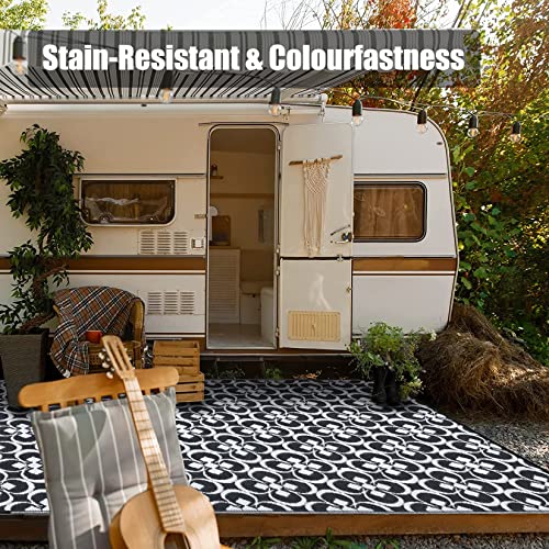 HUGEAR Outdoor Rug, Large Waterproof Outdoor Area Rug, Reversible Portable Outdoor Plastic Straw Carpet for RV Deck Camping Front Door Indoor Outside Porch Picnic (5x8ft Clover Black&White)