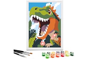 Nariolar Paint by Numbers for Kids Ages 4-8 with 7X9.5 inch Pre-Printed Cardboard,12 Acrylic Paint Pots and 3 Painting Brushes, Craft Gift Room Decor for Children,(Cute Dinosaur)