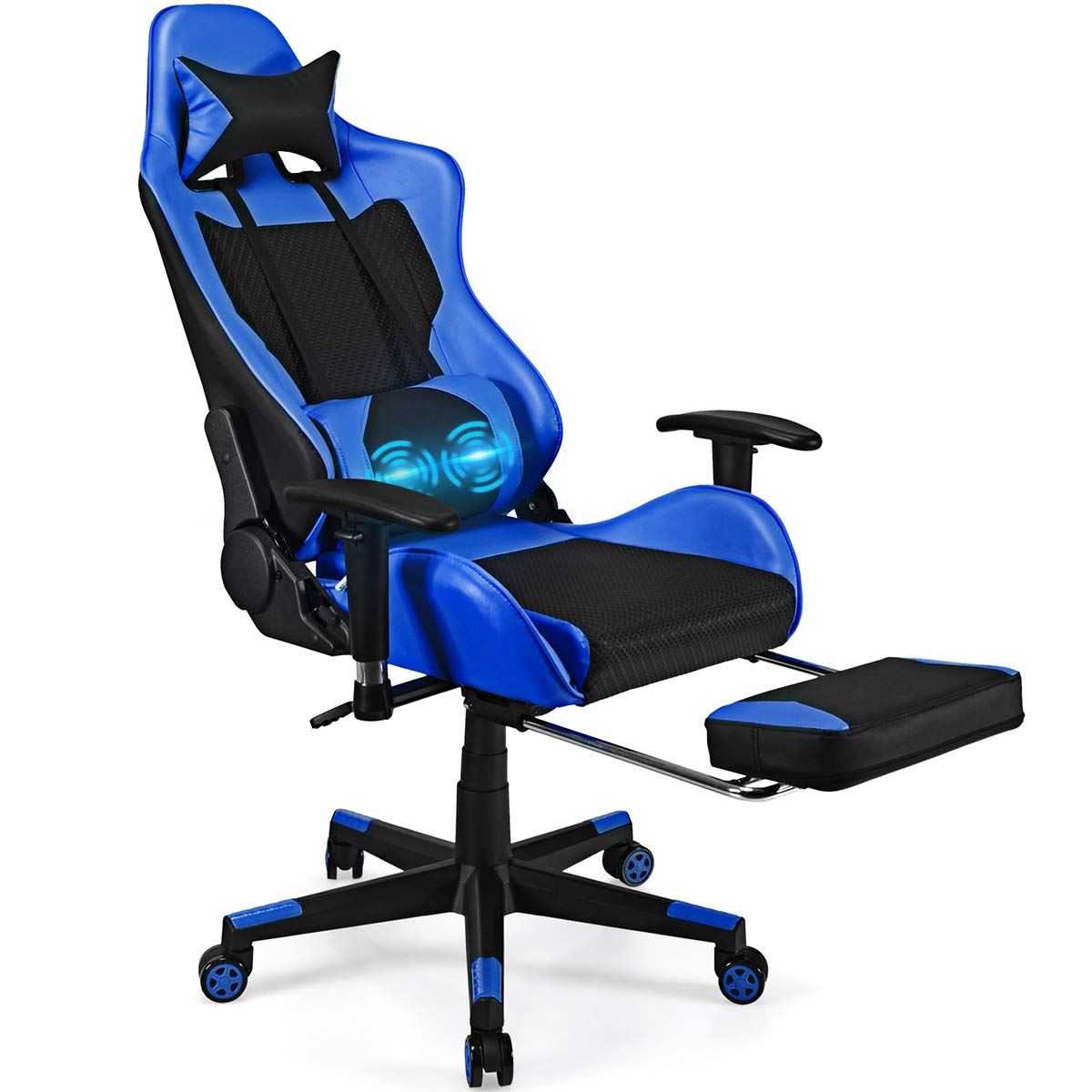 POWERSTONE Massage Gaming Chair with Footrest - Office Computer Game Racing E-Sports Chair Ergonomic Lumbar Massage Pillow Footrest Headrest High-Back Leather Recliner Rolling Swivel Chair (Blue+)