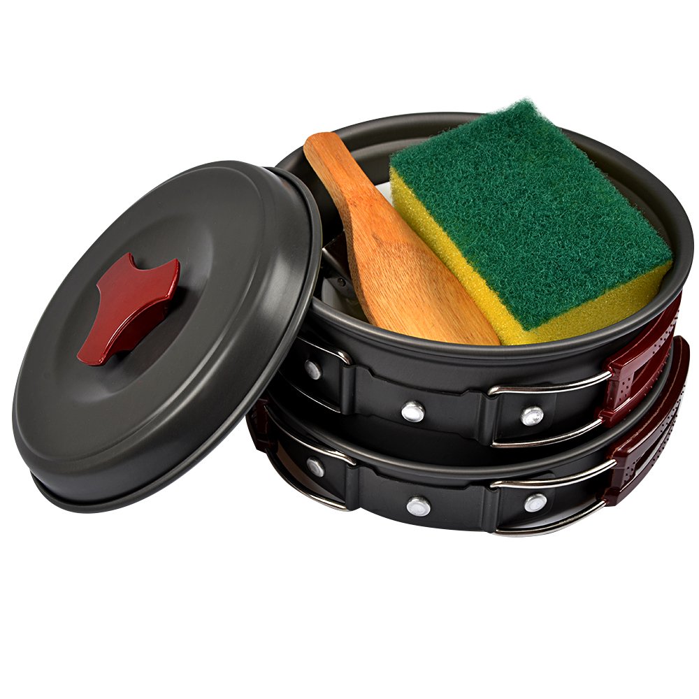 Portable Camping Cookware Mess Kit- 11 Piece Non-Stick Cookset, Lightweight, Durable & Compact, Perfect Outdoor Cooking Equipment for Backpacking, Hiking and Picnic