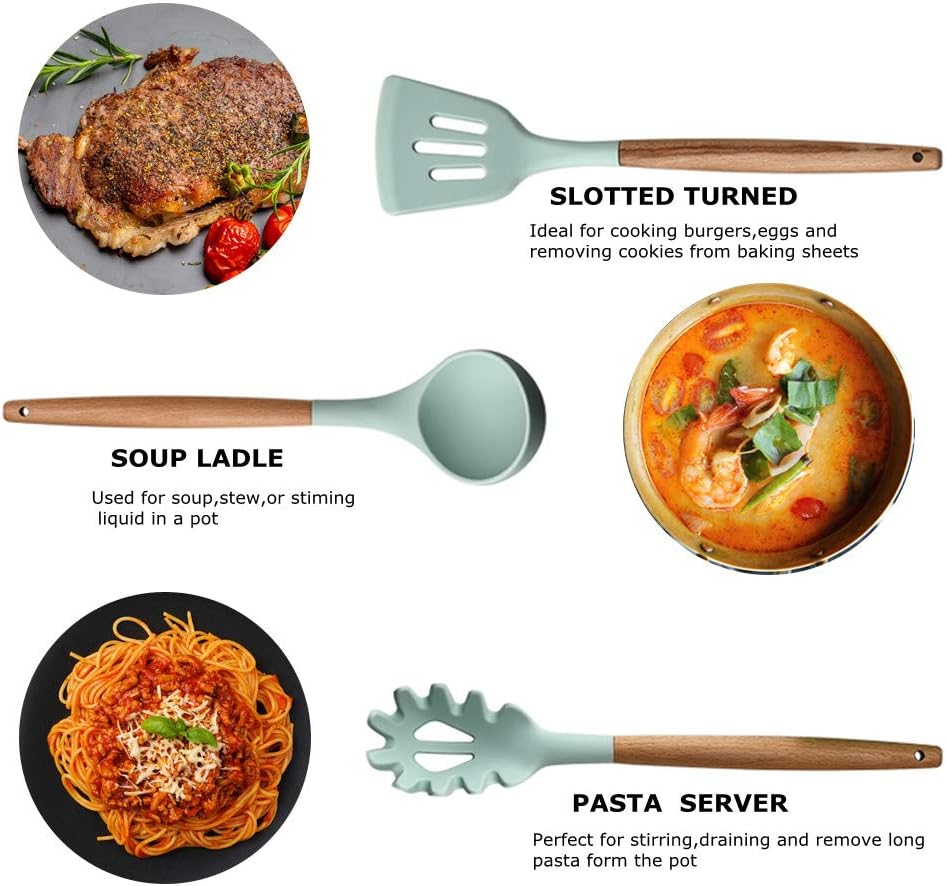 Silicone Kitchen Utensils Set, 12Pcs Kitchen Cooking Utensils Set with Hook, BPA Free Non-toxic Kitchen Gadgets Set, Heat-resistant Kitchen Tool Set with Wooden Handle, Best Kitchen Utensils Gift: Kitchen & Dining