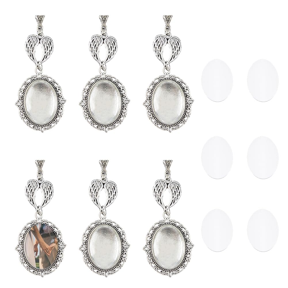 SUPERFINDINGS 6 Set Wedding Bouquet Photo Charm Angel Wings Heart Wedding Bouquet Pendants Bridal Bouquet Photo Charms with Glass Cabochons, Length 7.1cm