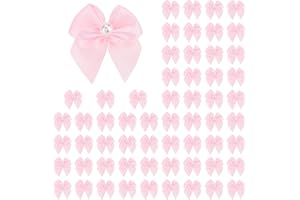 Meseey 60pcs Mini Pastel Pink Satin Ribbon Bows with Pearl 1 Inch Craft Bows Flowers Appliques DIY Craft for Sewing, Scrapbooking, Wedding, Gift,Christmas Decoration (Pink)