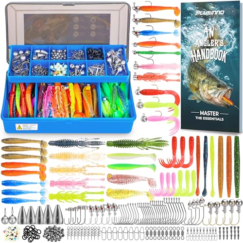 PLUSINNO Angelköder-Set, 211-teilige Tacklebox inklusive Zubehör, Bass-Angelset mit vormontierten Jigköpfen, Softbaits, Haken, Gewichten, Süßwasser-An