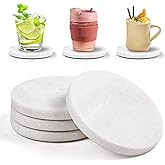 White Marble Coasters with Bling Particles, Set of 4 - Natural Marble Stone Drink Coaster with Protective Silicone Feet, 4 inch Diameter, 0.4 inch Thick - Heat-Resistant Coasters for Coffee Table