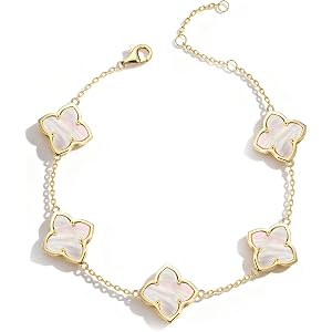 VISDIV 925 Sterling Silver Gold Bracelets for Women, 14k Gold Filled Clover Flower Four Leaf Bracelet Mother of Pearl Shell C