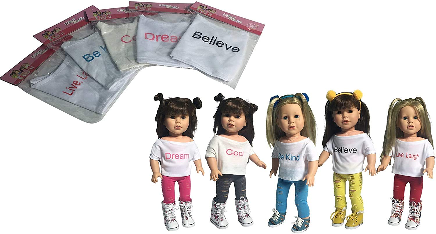 The New York Doll Collection Dolls Solid Printed Cropped Top Set of 5 Inspiration T-Shirts For Fashion Girl Dolls - Fits All 18 Inch/46cm Dolls - Doll Clothing - Doll Accessories