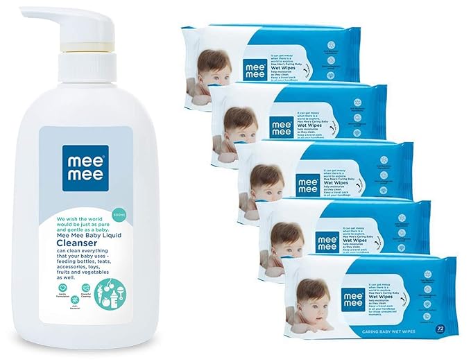 Mee Mee Anti-Bacterial Baby Liquid Cleanser for Fruits, Bottles, Accessories & Toys (500 ml - Bottle & Caring Baby Wet Wipes, Aloe Vera, 72 Pieces (Pack of 5) Combo