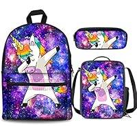 PrelerDIY Galaxy Dab Unicorn Backpack Set 3 Piece 17 Inch Plus Book Bag Lunch Box Pencil Case for Boys Girls 1-6th Grade Kids Back to School