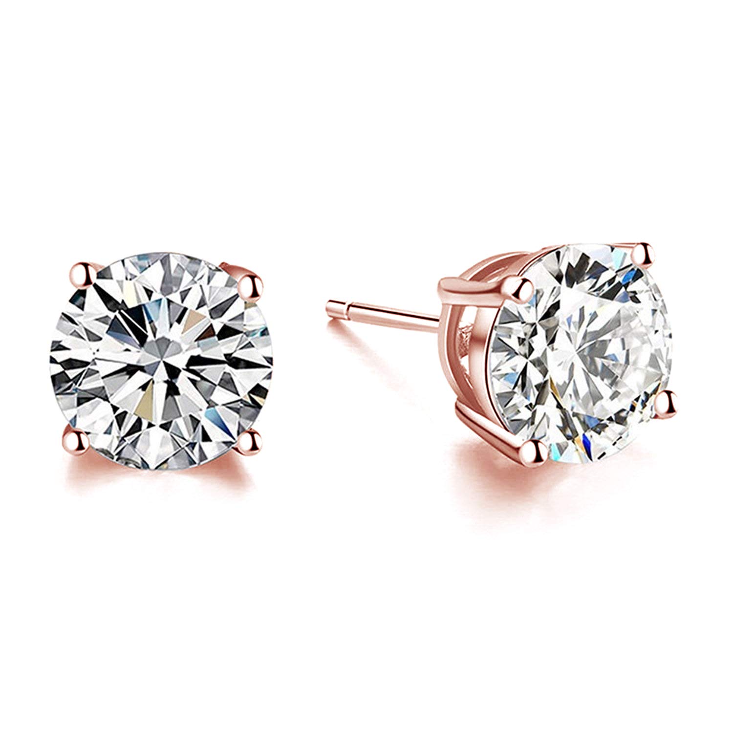 18K White Gold Plated Hypoallergenic CZ Studs Earrings, 925 Sterling Silver Cubic Zirconia Earrings, Simulated Diamond Stud Earrings Jewellery for Her Women (6mm Rose Gold Plated)
