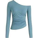 CIDER Women's Asymmetrical Neck Off The Shoulder Tops Ruched Long Sleeve Going Out Tops