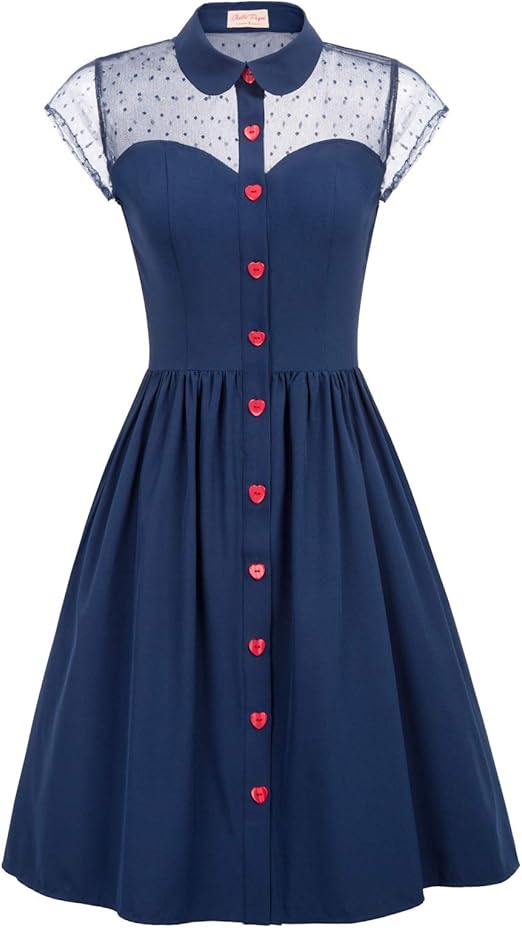 Belle Poque Women's 1950s Cap Sleeve Lapel Collar Button Placket Swing
