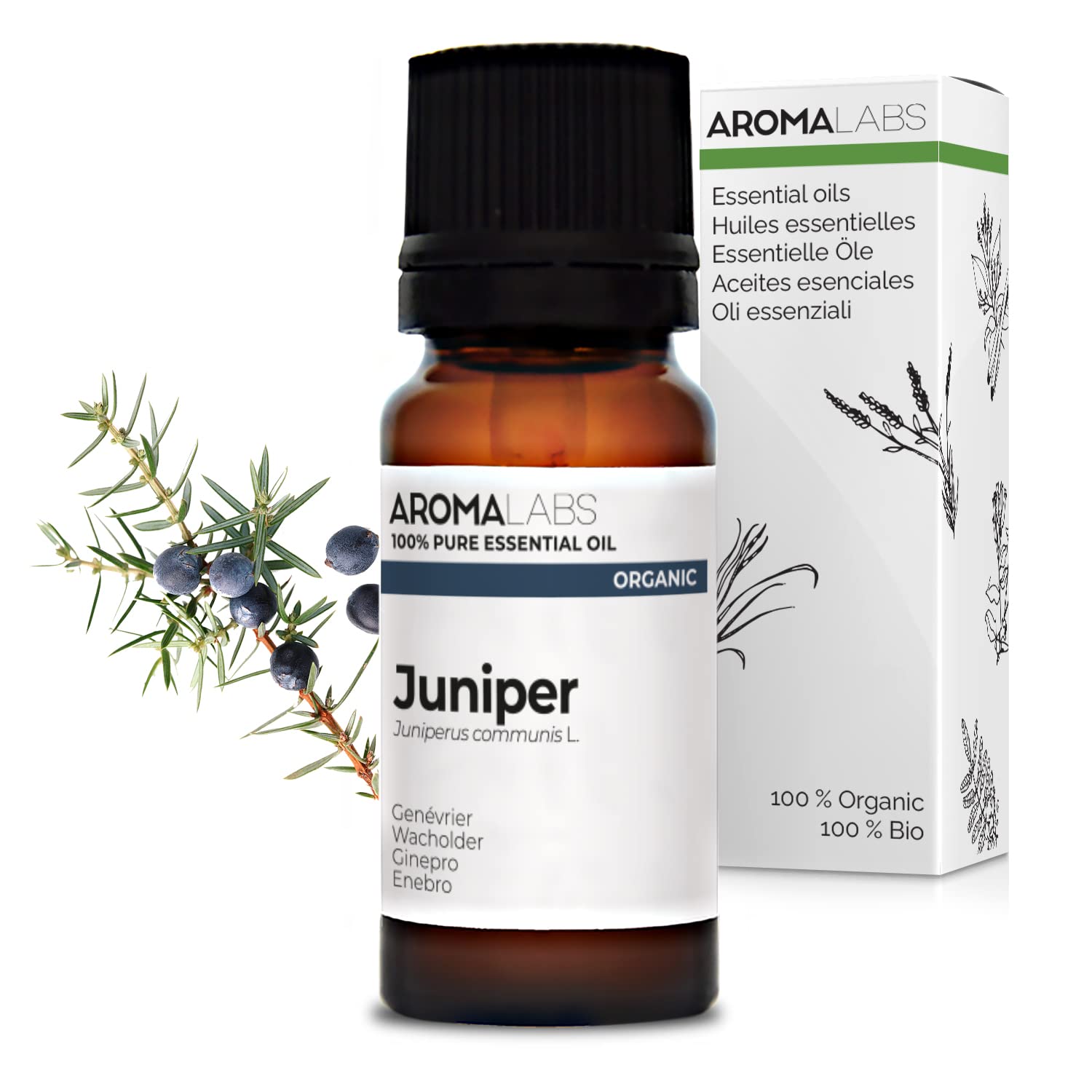 BIO - Juniper Essential Oil - 10mL - 100% Pure, Natural, Chemotyped and AB Certified - AROMA LABS (French Brand)