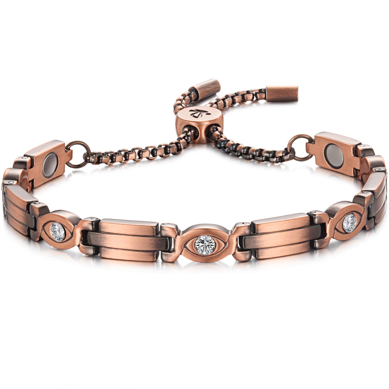 RainSo Women's Pure Copper Magnetic Bracelets - Adjustable Crystal-Eye Design Jewellery with Gift Box & Tool | Antique Finish Hypoallergenic (Crystal Eyes)