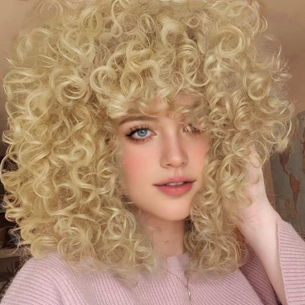 Salaibs Blonde Afro Wigs for Black Women with Bangs Short Curly Kinky Wigs Fluffy Natural Synthetic Hair Wig for Cosplay Costume Halloween Use — image 1