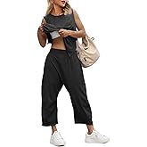 Fisoew Women's Summer 2 Piece Outfits Sleeveless Tank Tops Wide Leg Pocketed Pants Workout Sweat Sets